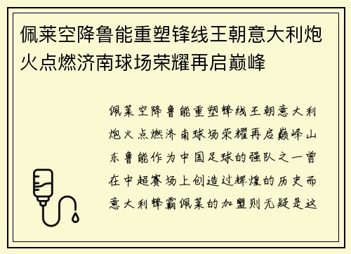 佩莱空降鲁能重塑锋线王朝意大利炮火点燃济南球场荣耀再启巅峰